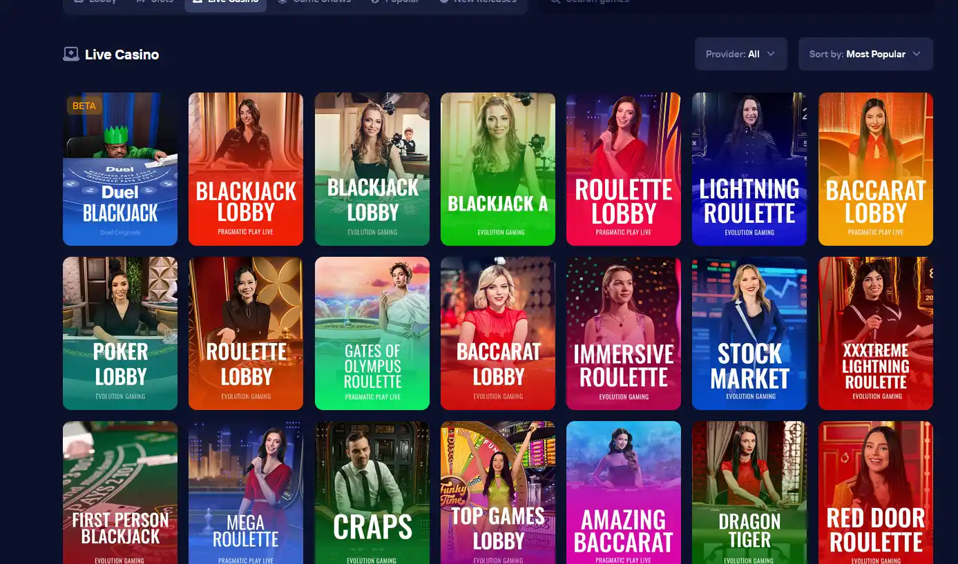 Duel Casino Live Casino – Evolution Gaming und Pragmatic Play Live
